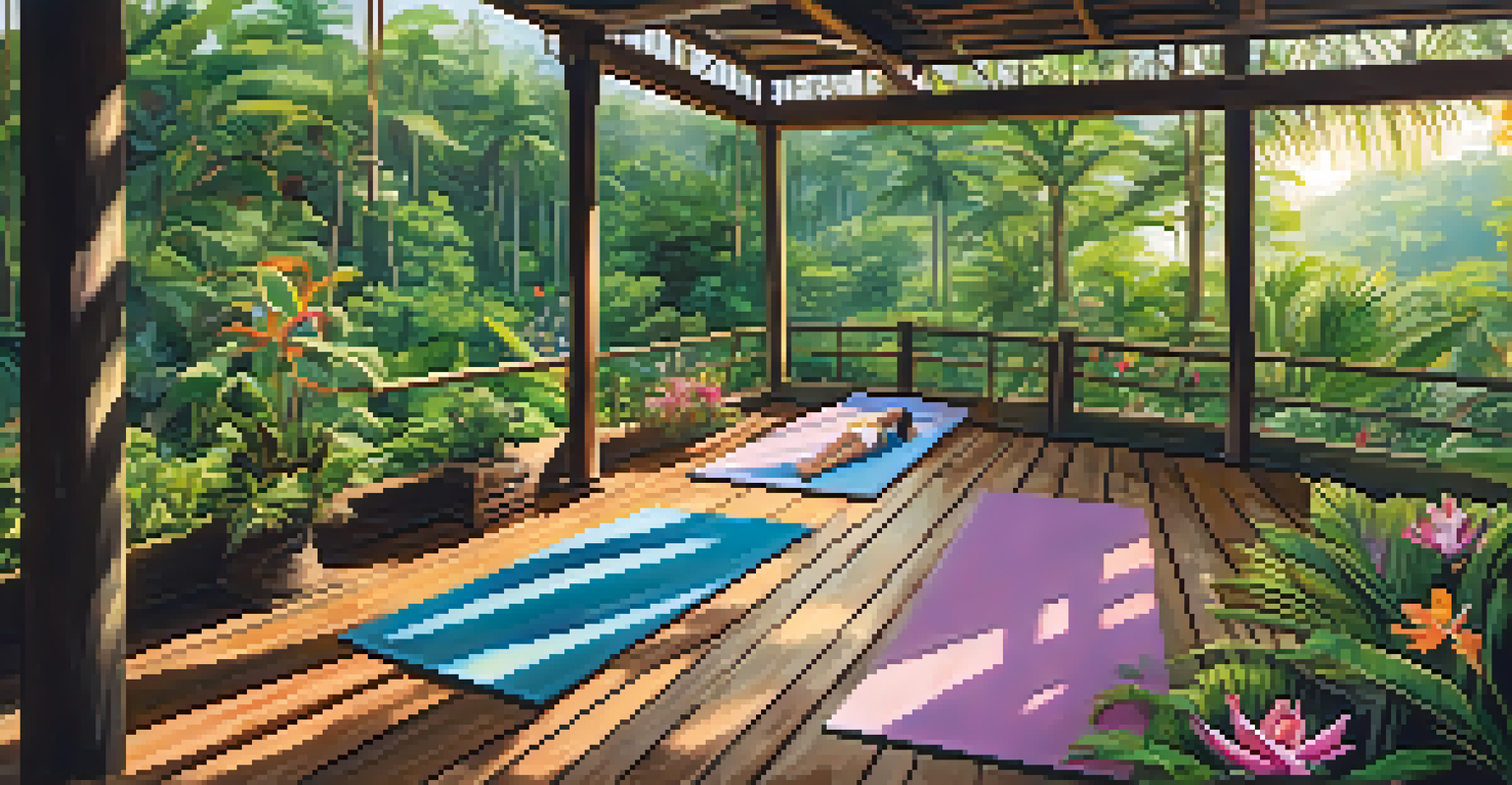 Guests practicing yoga in a tropical setting at The Farm at San Benito, surrounded by lush greenery.