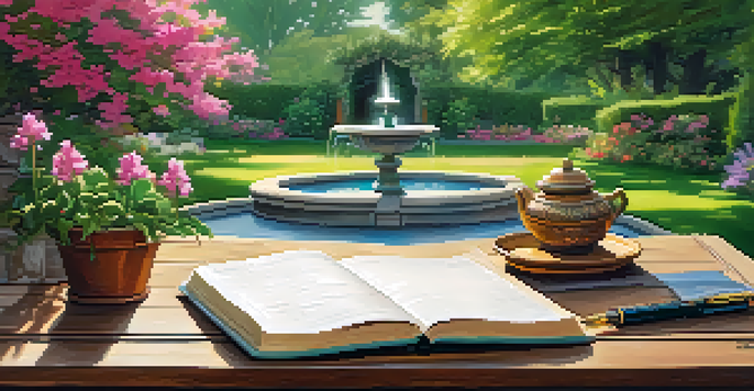 A peaceful garden setting with a wooden table, an open journal, and a fountain pen, surrounded by greenery and flowers, illuminated by soft sunlight.