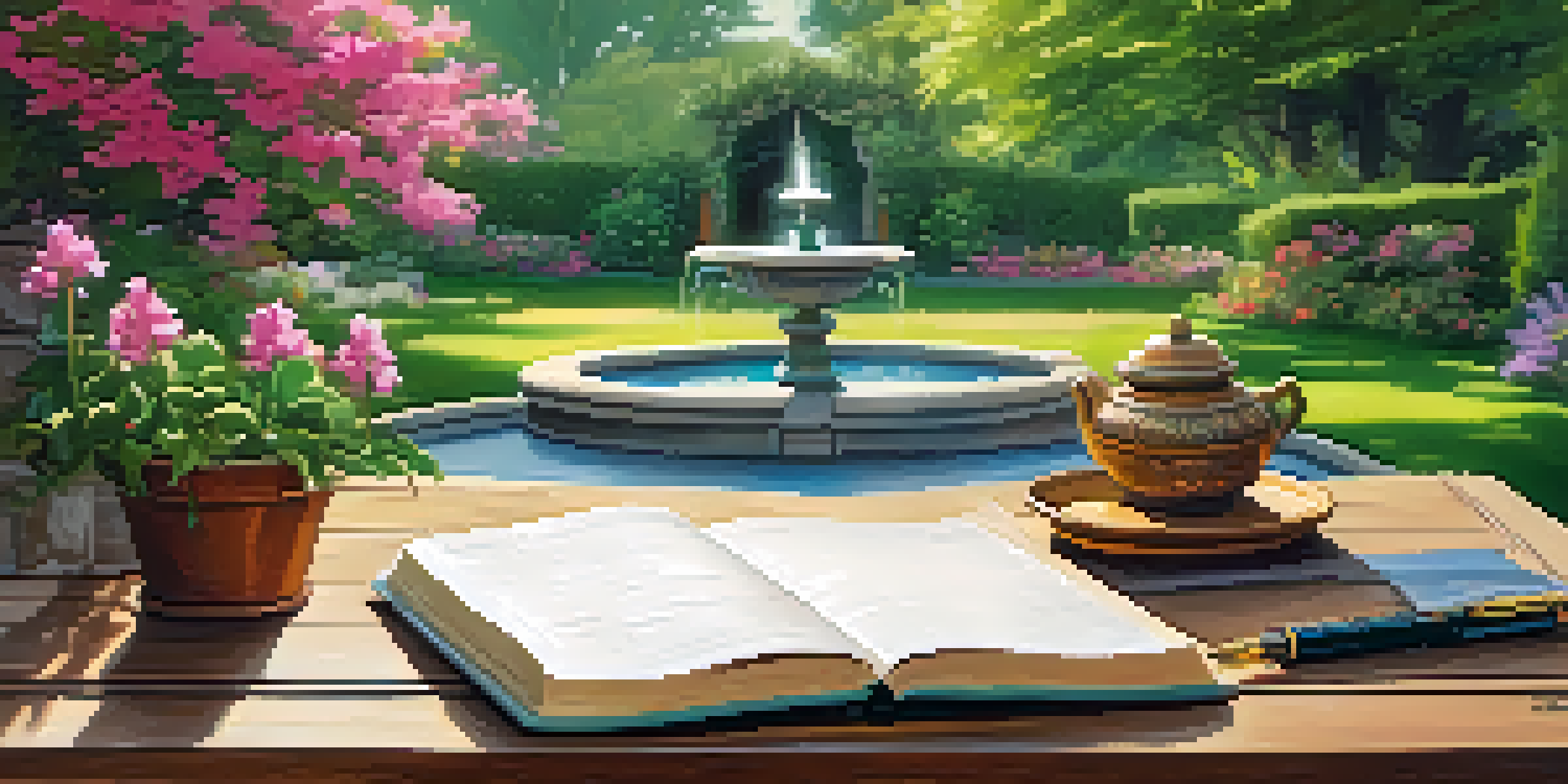 A peaceful garden setting with a wooden table, an open journal, and a fountain pen, surrounded by greenery and flowers, illuminated by soft sunlight.