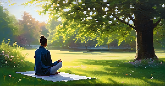 A person practicing mindfulness in a tranquil park, sitting cross-legged on grass surrounded by flowers and trees, with soft sunlight filtering through the leaves.