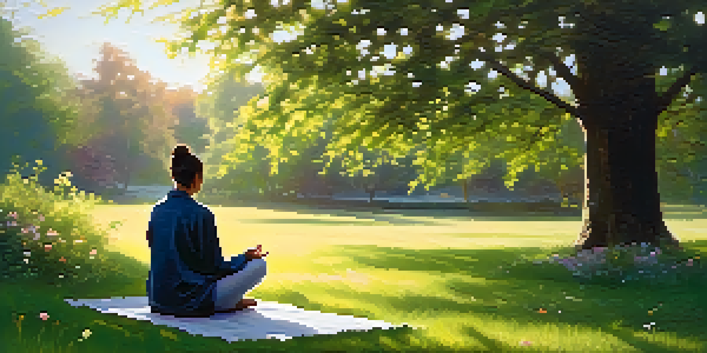 A person practicing mindfulness in a tranquil park, sitting cross-legged on grass surrounded by flowers and trees, with soft sunlight filtering through the leaves.