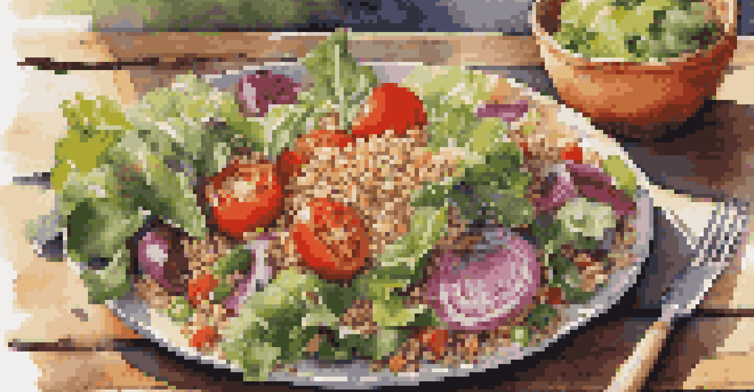 A colorful salad on a wooden table, showcasing fresh vegetables, grains, and proteins in bright sunlight.
