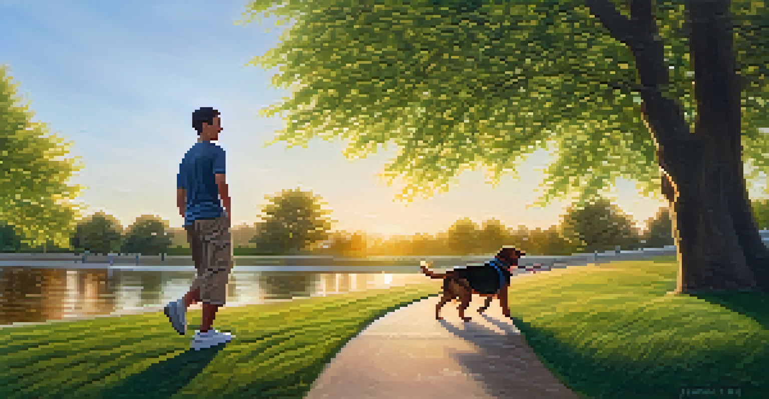 A young man enjoying a walk with his therapy dog in a picturesque park during sunset.