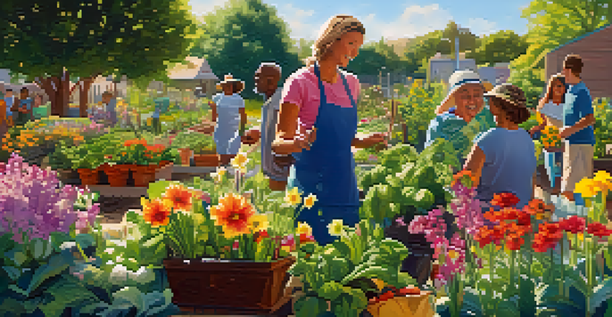 A lively community garden with diverse people working together, surrounded by colorful flowers and vegetables, under a sunny sky.