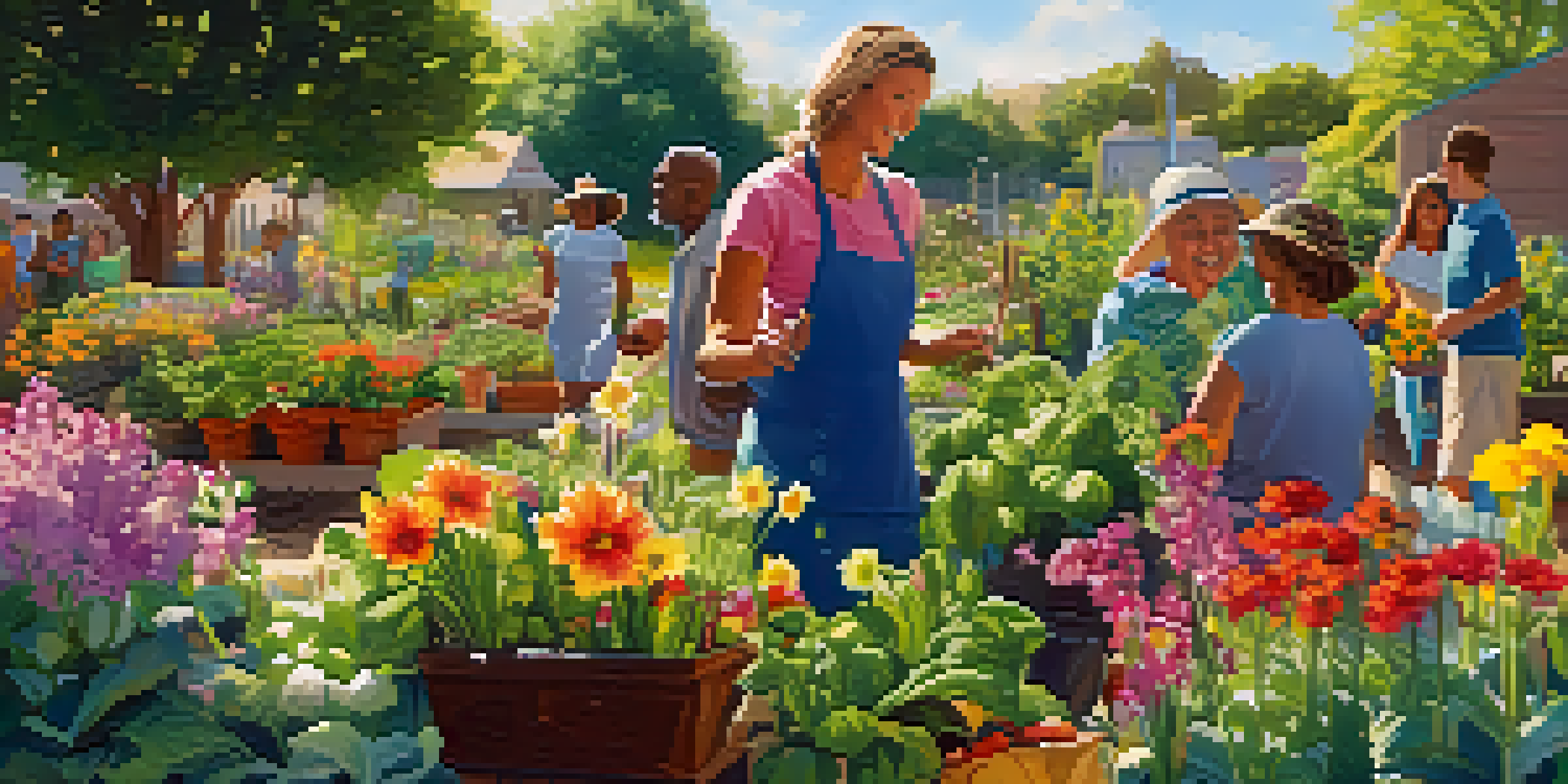 A lively community garden with diverse people working together, surrounded by colorful flowers and vegetables, under a sunny sky.