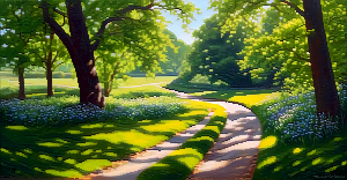 A person walking on a winding path in a lush green park, surrounded by vibrant wildflowers and dappled sunlight filtering through the leaves.