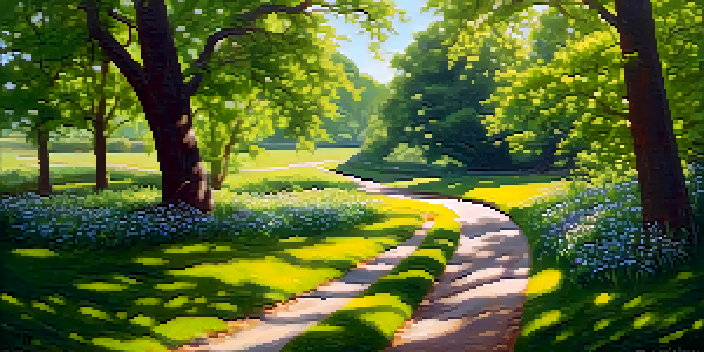 A person walking on a winding path in a lush green park, surrounded by vibrant wildflowers and dappled sunlight filtering through the leaves.