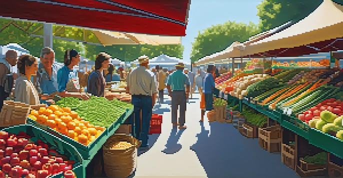 A lively market filled with fresh fruits, vegetables, and whole foods in bright sunlight, with people selecting items.