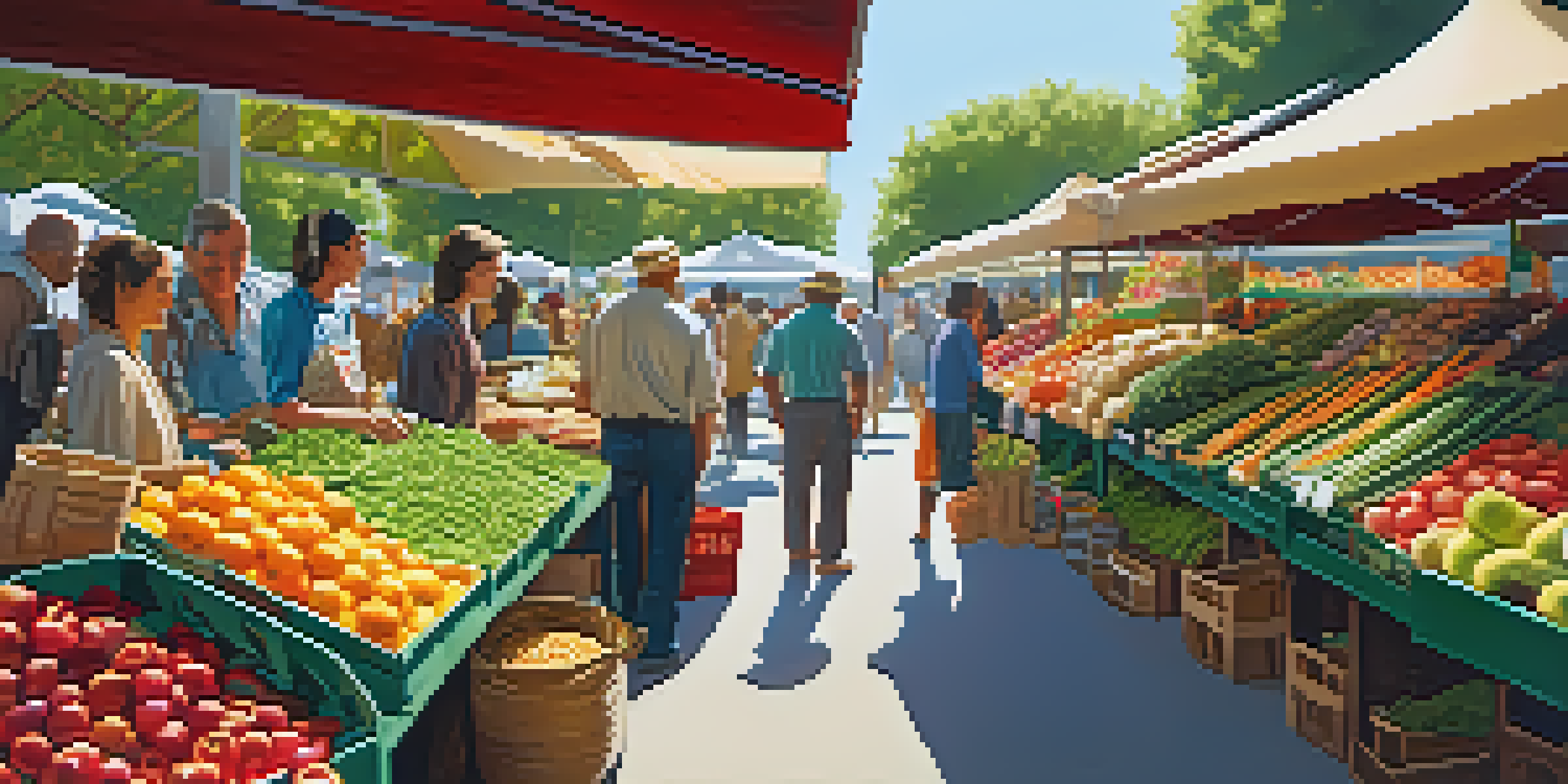 A lively market filled with fresh fruits, vegetables, and whole foods in bright sunlight, with people selecting items.