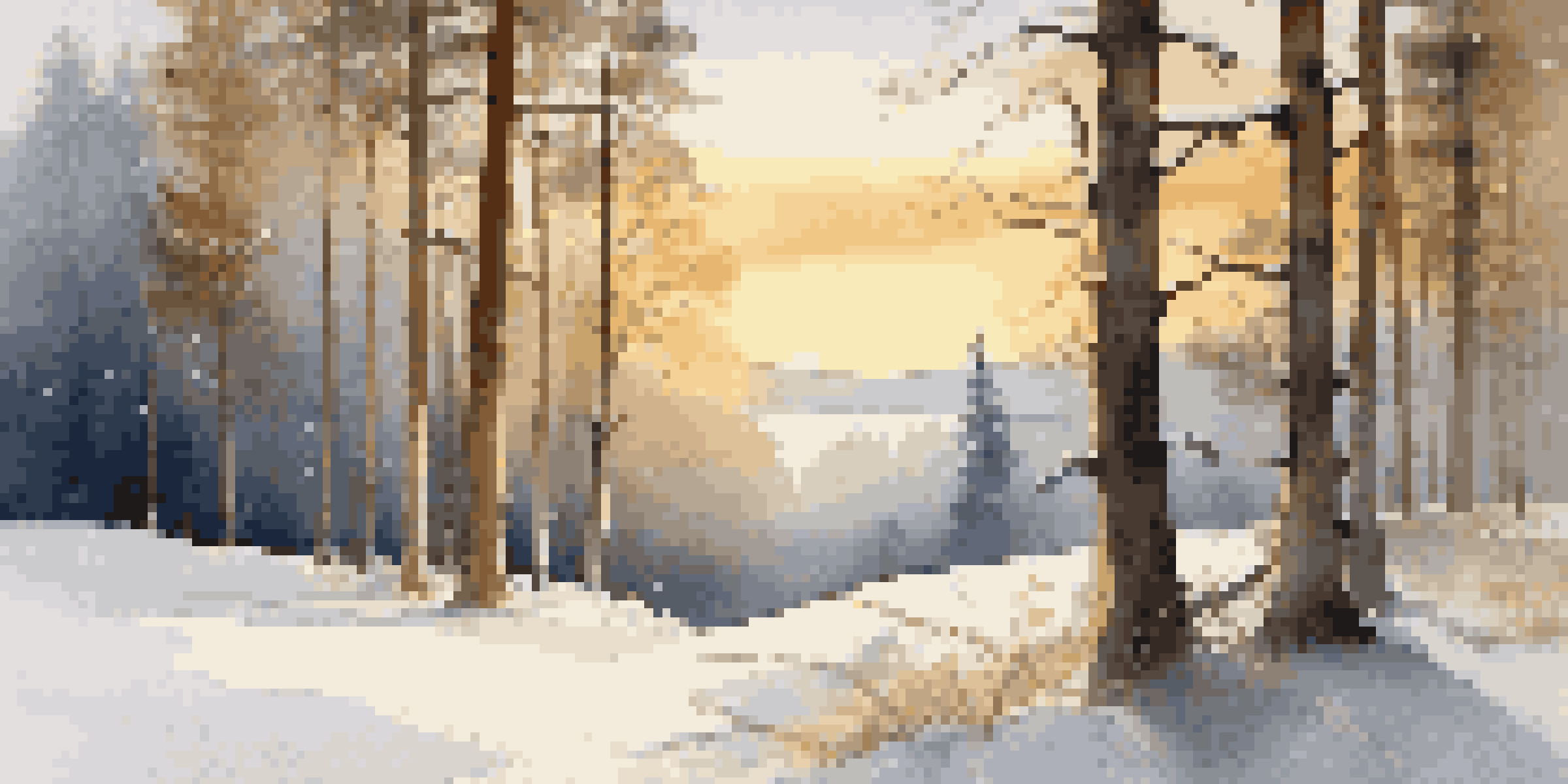 A tranquil winter scene with snow-covered trees and a bench, illuminated by the soft light of sunrise.