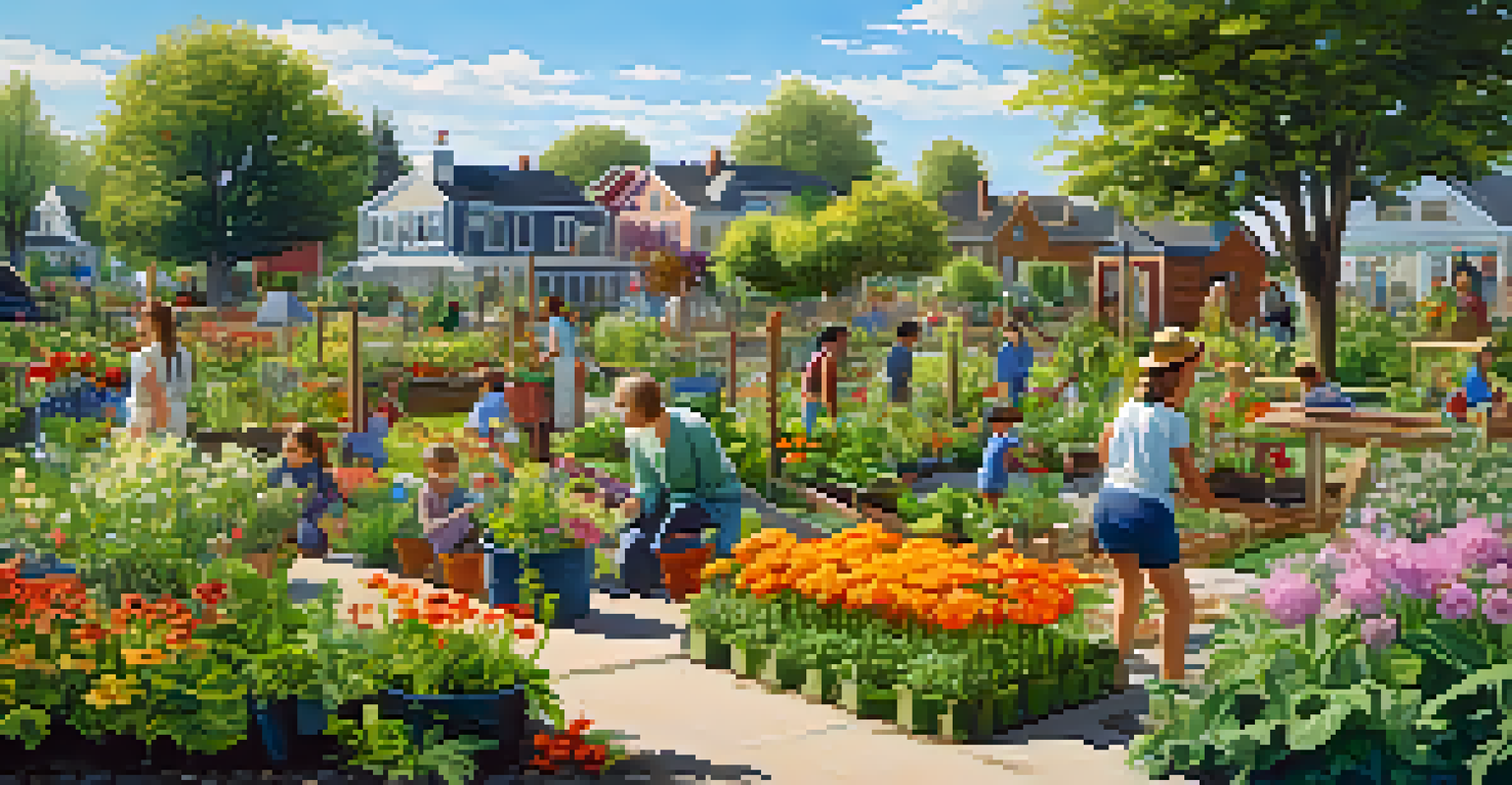 People tending to a vibrant community garden filled with blooming flowers and green plants under a blue sky.