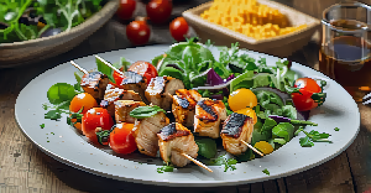 A close-up of grilled chicken skewers and a colorful salad on a rustic table.