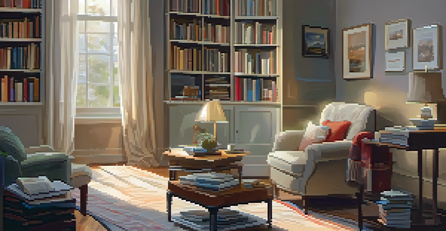 A person reading a book in a cozy living room with warm lighting and a cup of tea.