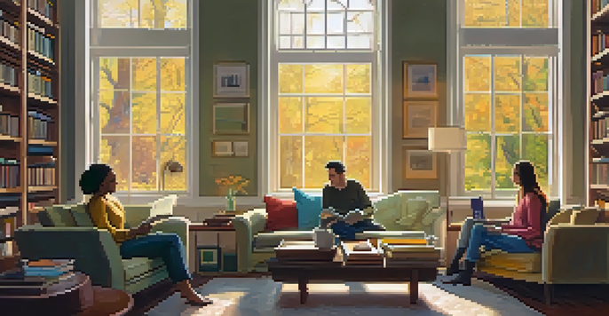 Two friends having a meaningful conversation in a warmly lit living room with bookshelves and a coffee table.