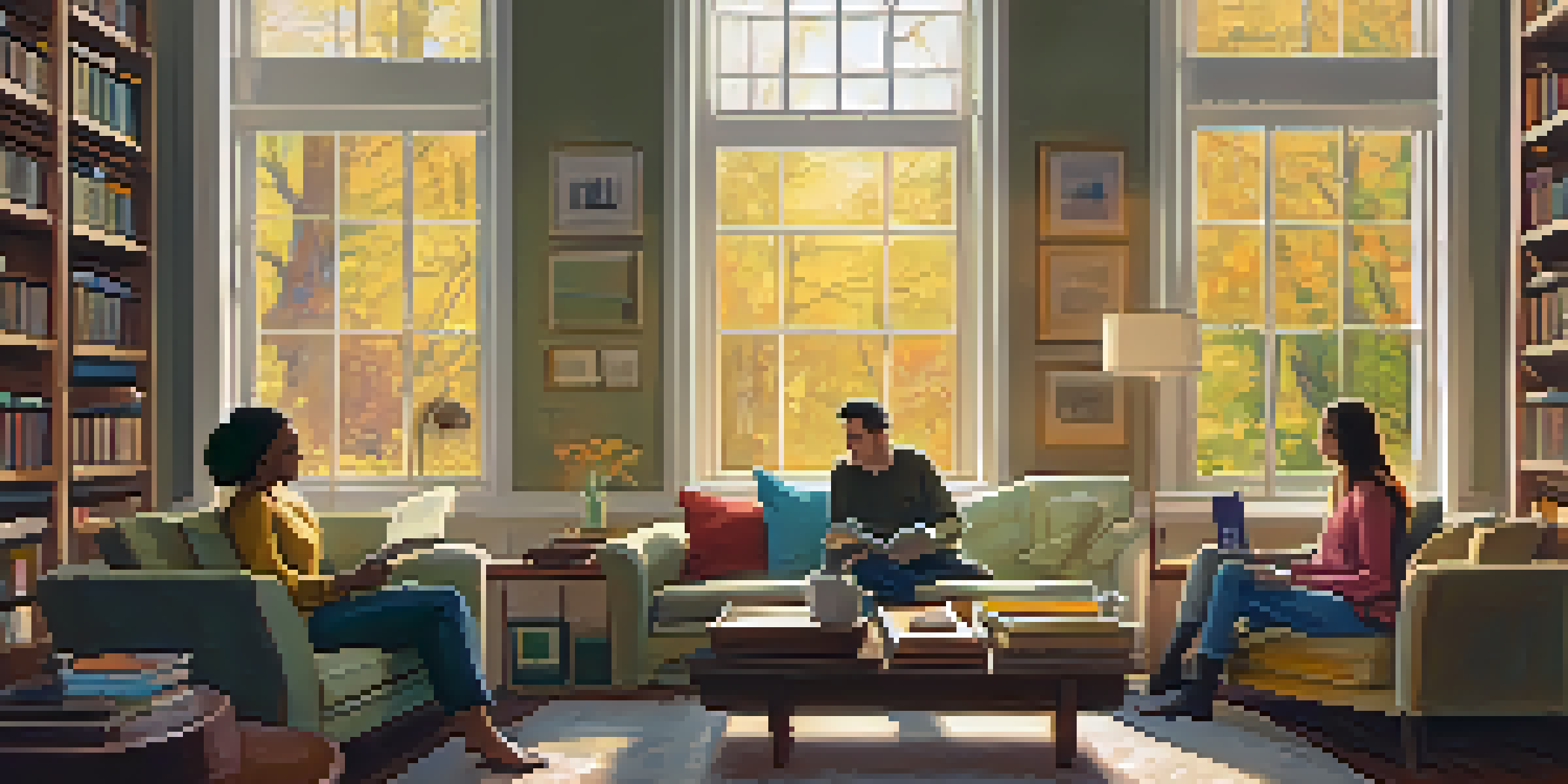 Two friends having a meaningful conversation in a warmly lit living room with bookshelves and a coffee table.