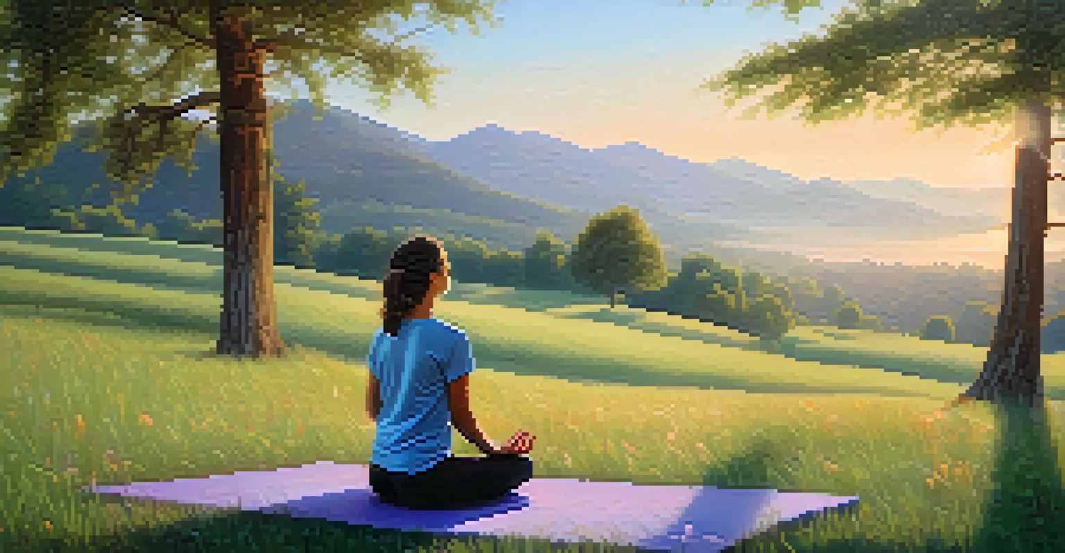A person practicing yoga in Child’s Pose on a grassy hill at sunrise, surrounded by a tranquil landscape.