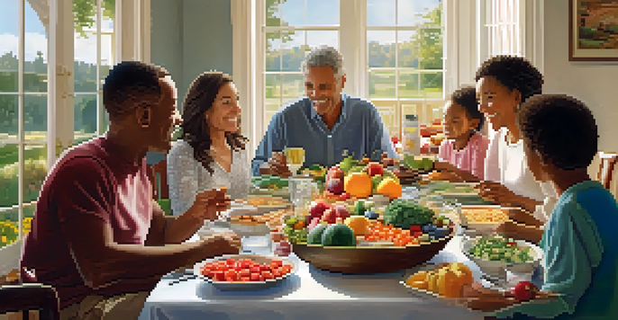 A diverse family enjoying a healthy meal together at a dining table filled with fruits and vegetables in a cozy setting.