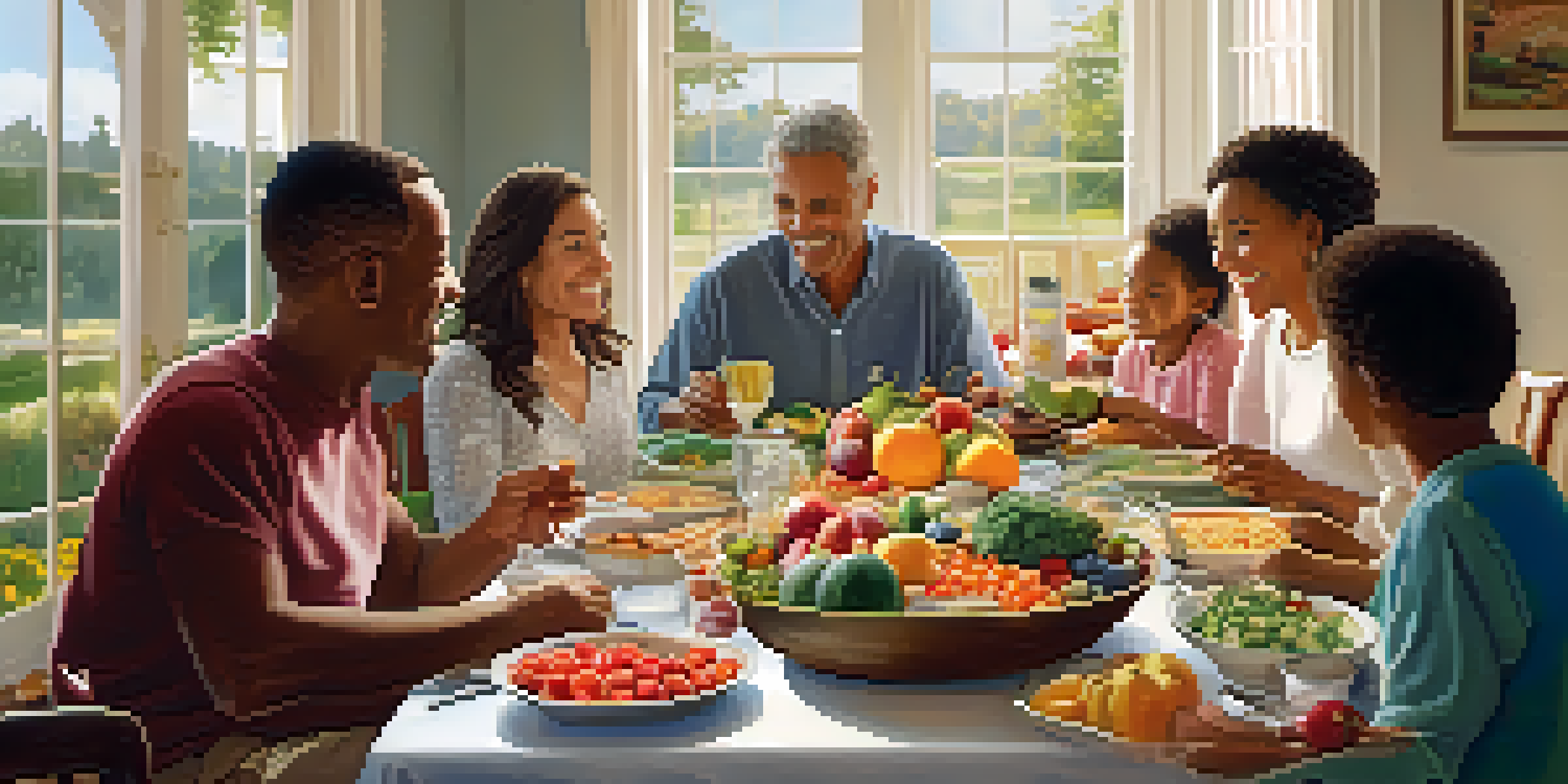 A diverse family enjoying a healthy meal together at a dining table filled with fruits and vegetables in a cozy setting.