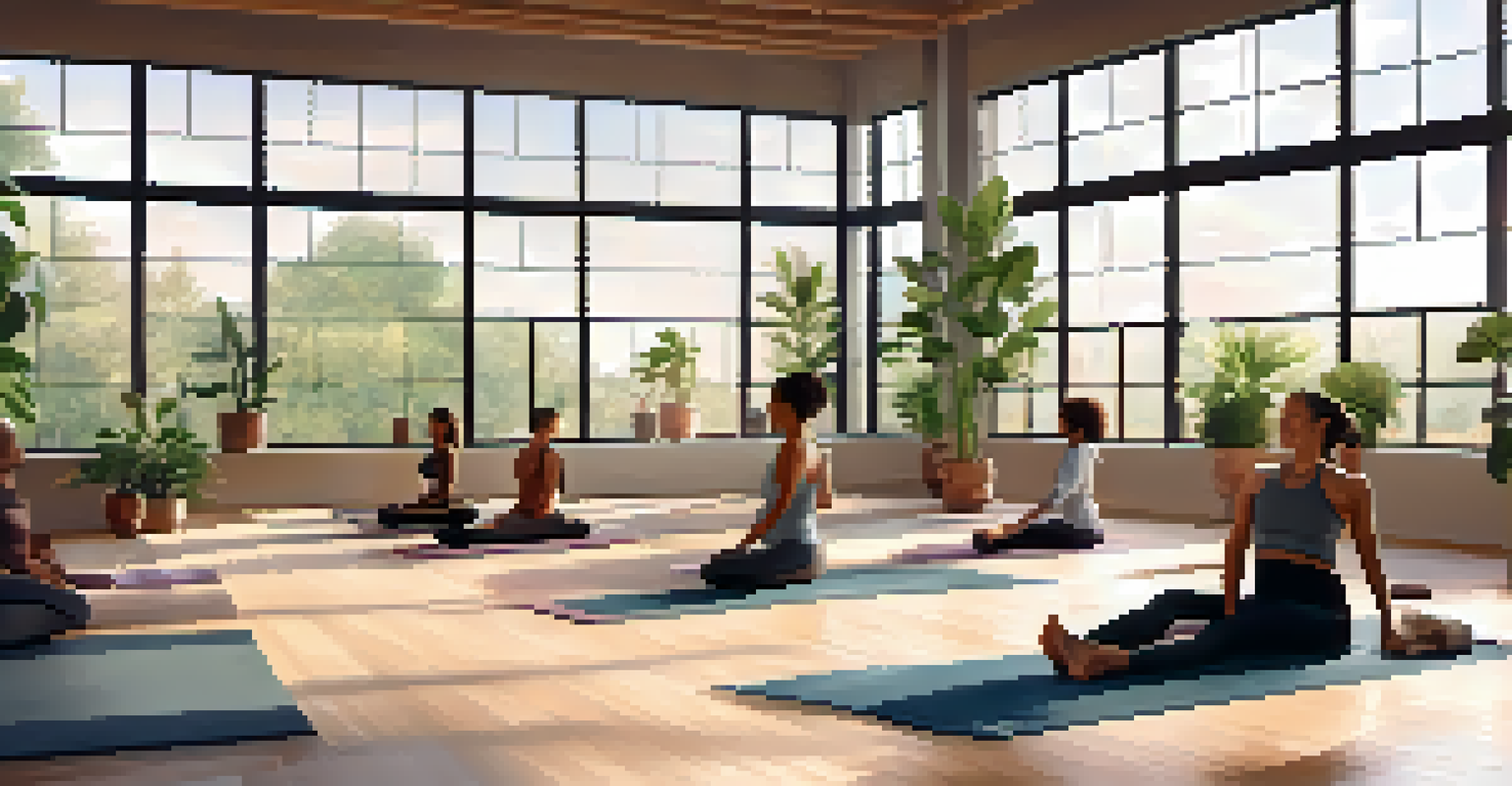 A group of people practicing yoga in a bright studio, surrounded by plants and natural light, creating a peaceful environment.