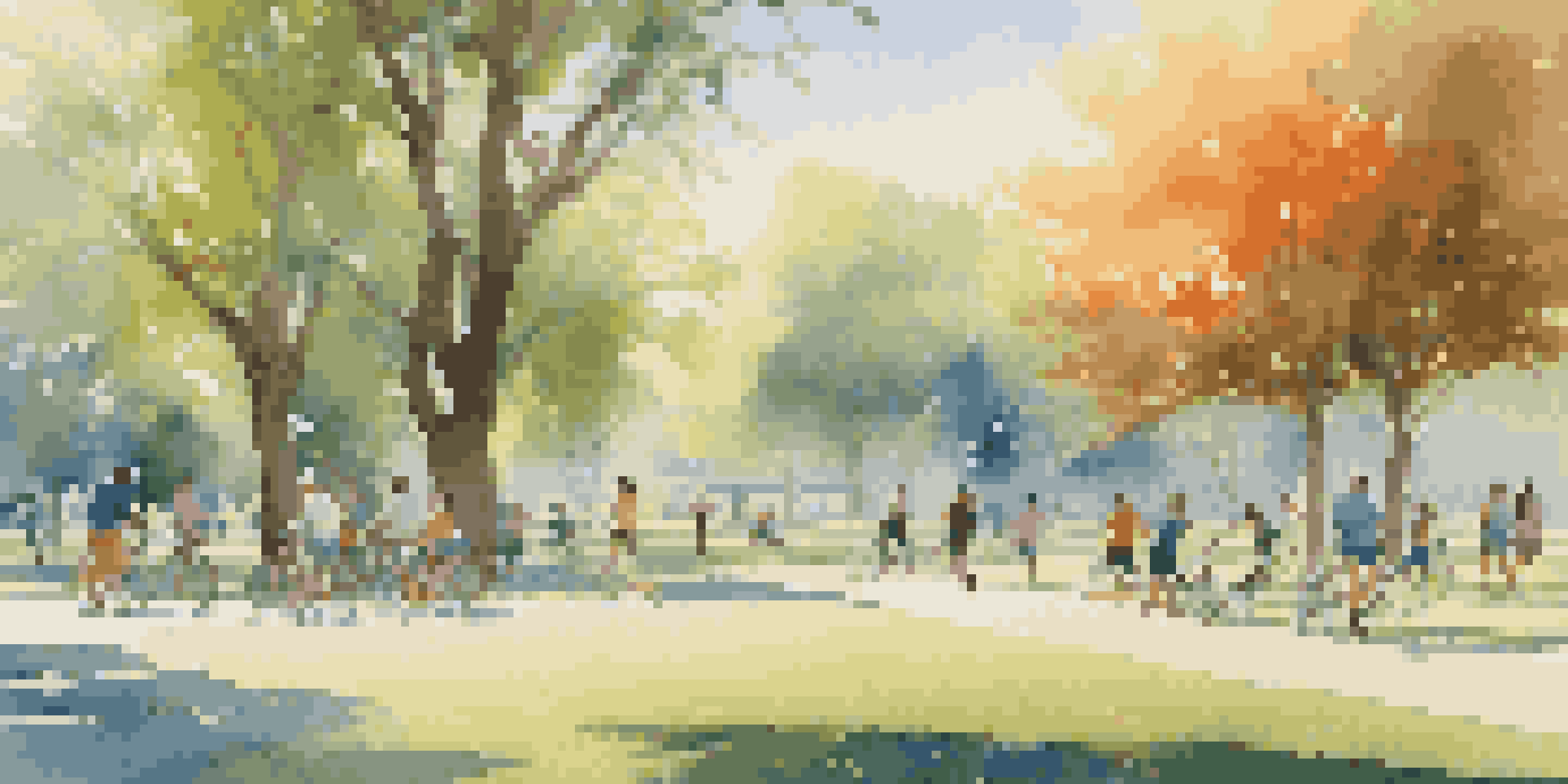 A peaceful park scene with people exercising, including jogging, yoga, and cycling, under a sunny sky.