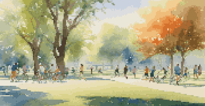 A peaceful park scene with people exercising, including jogging, yoga, and cycling, under a sunny sky.