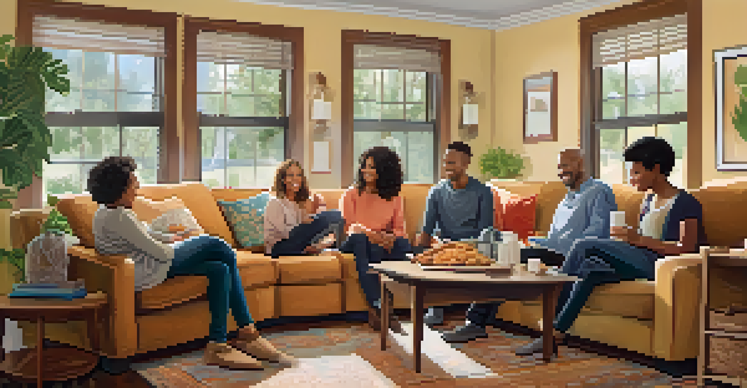 A cozy living room filled with friends and family having a supportive conversation, with healthy snacks on the table, emphasizing wellness and connection.