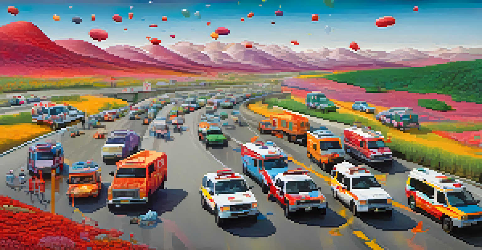 Artistic depiction of immune cells as paramedic vehicles on a highway, navigating through a colorful landscape representing pathogens.