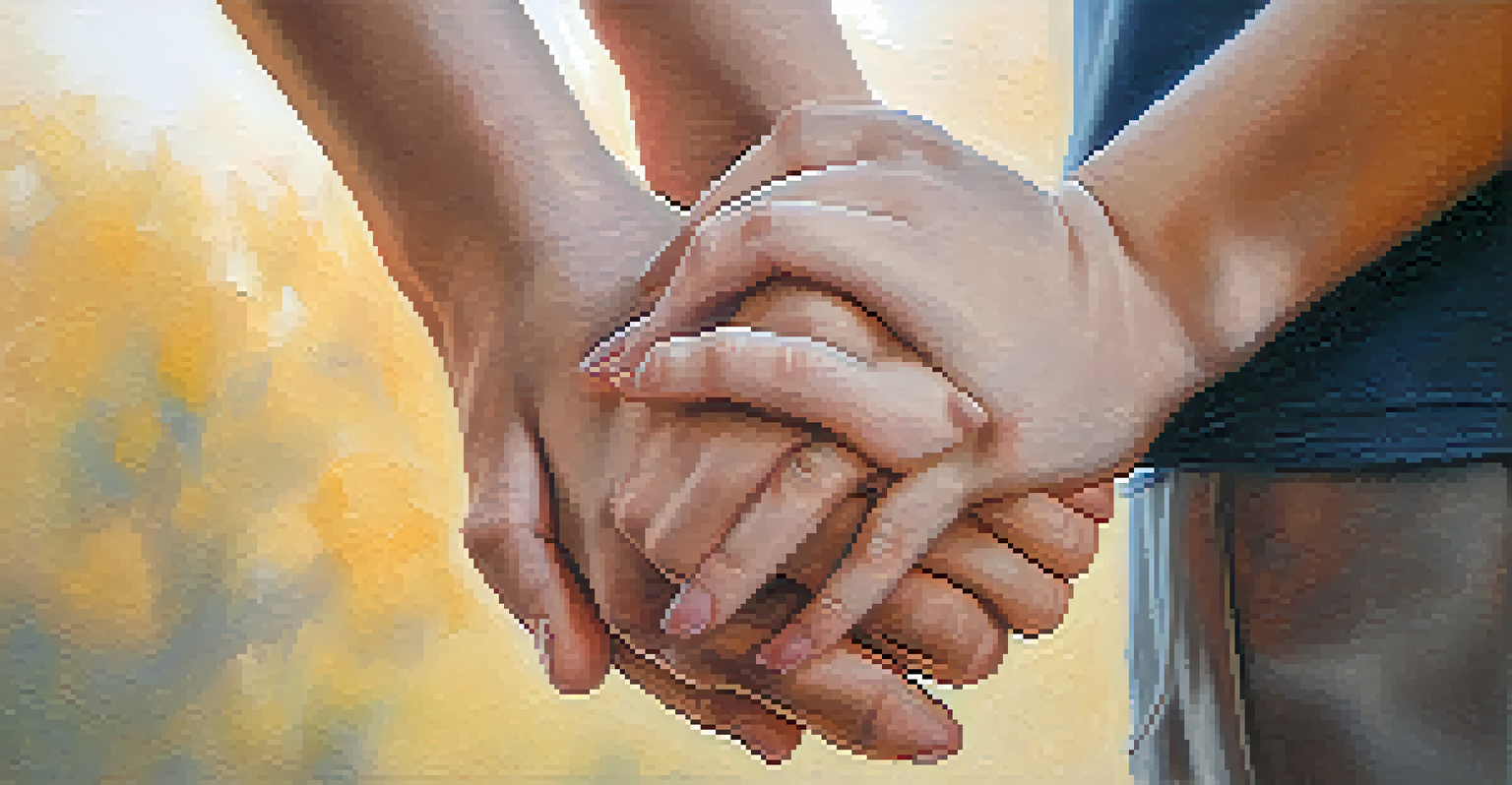 Close-up of two hands clasped together, symbolizing support and connection in a warm environment.