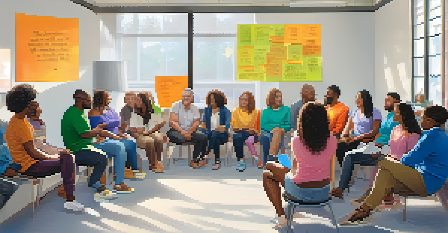 A support group meeting in a bright room with diverse individuals sharing experiences.