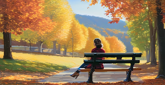 A woman sitting on a park bench, reading a book surrounded by colorful autumn leaves and sunlight filtering through the trees.