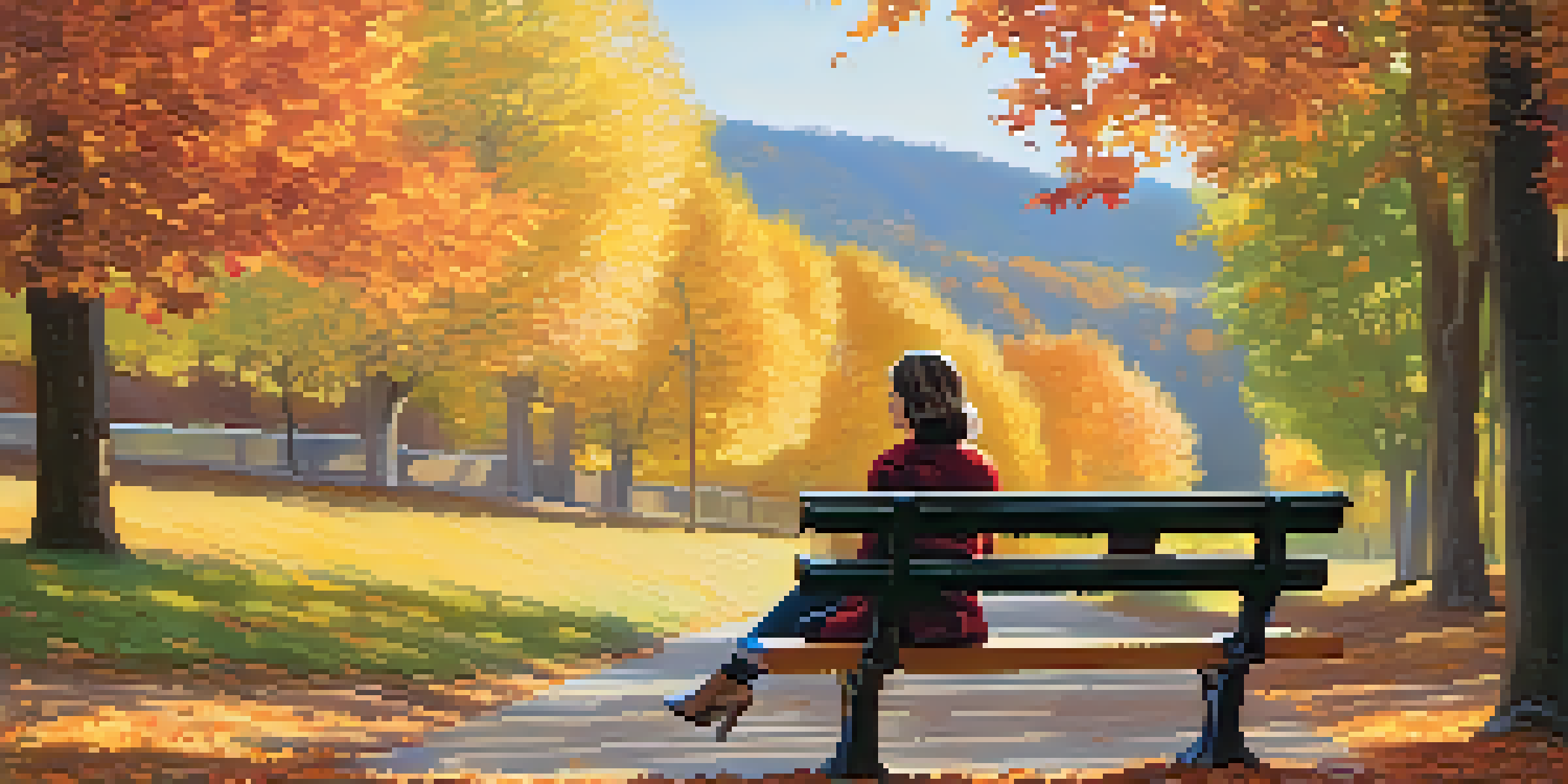 A woman sitting on a park bench, reading a book surrounded by colorful autumn leaves and sunlight filtering through the trees.