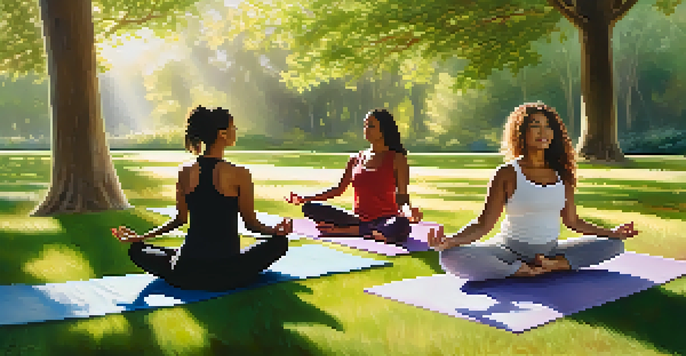 A diverse group of women practicing yoga in a sunlit park, surrounded by green trees, with colorful mats and peaceful expressions.