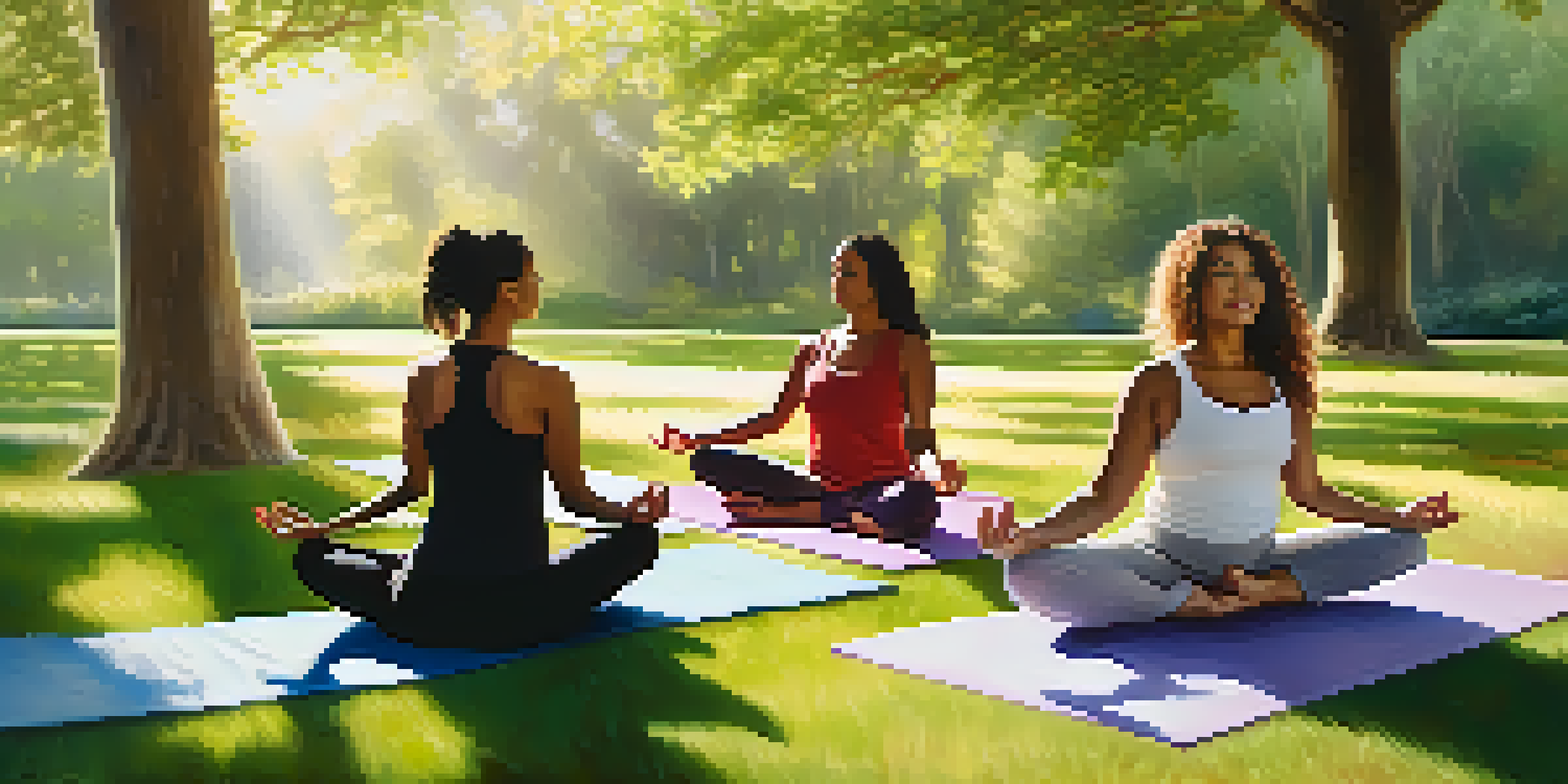 A diverse group of women practicing yoga in a sunlit park, surrounded by green trees, with colorful mats and peaceful expressions.