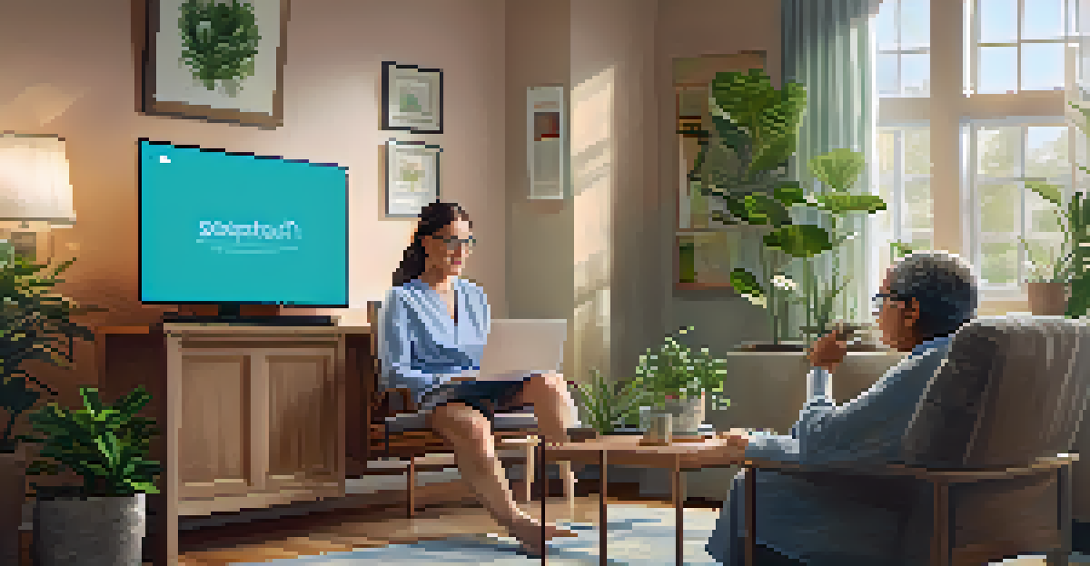 A healthcare professional on a video call with a patient in a cozy living room, surrounded by houseplants.
