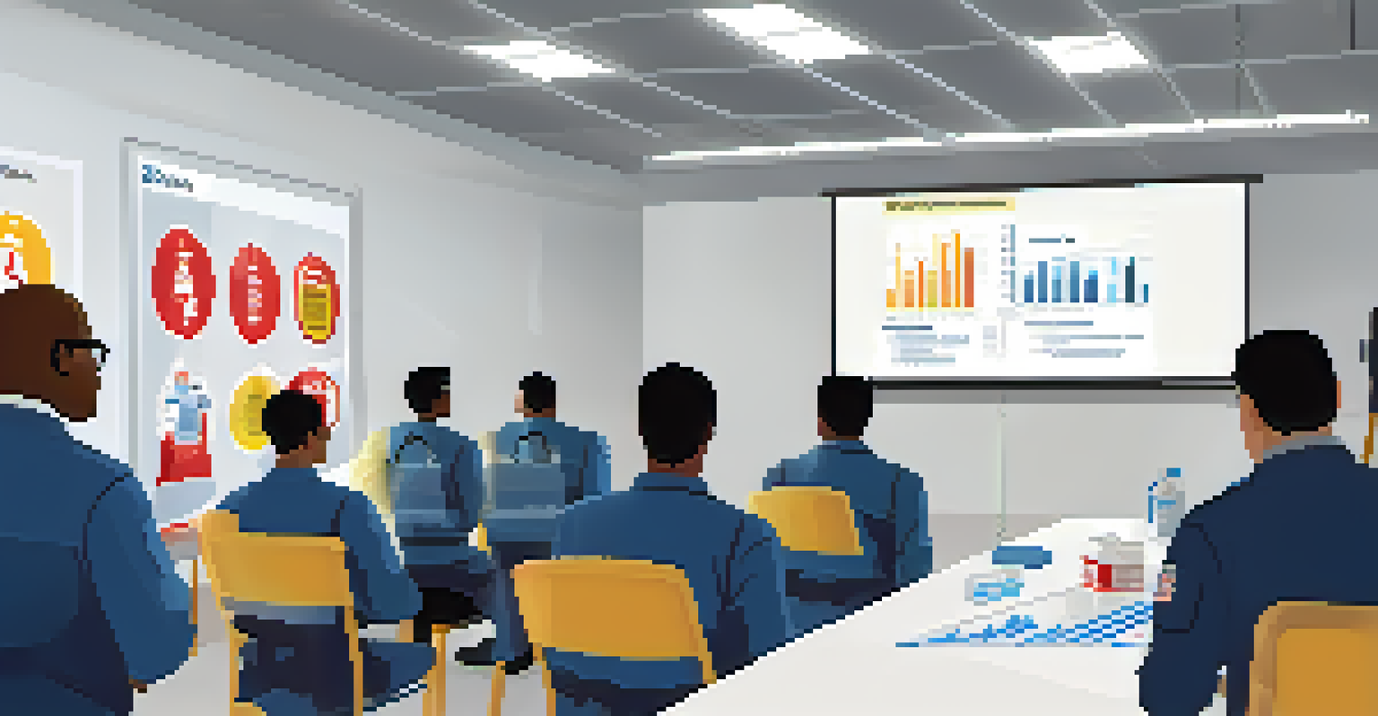 A training session on chemical safety, with a safety officer explaining protocols to attentive employees using charts and Safety Data Sheets.