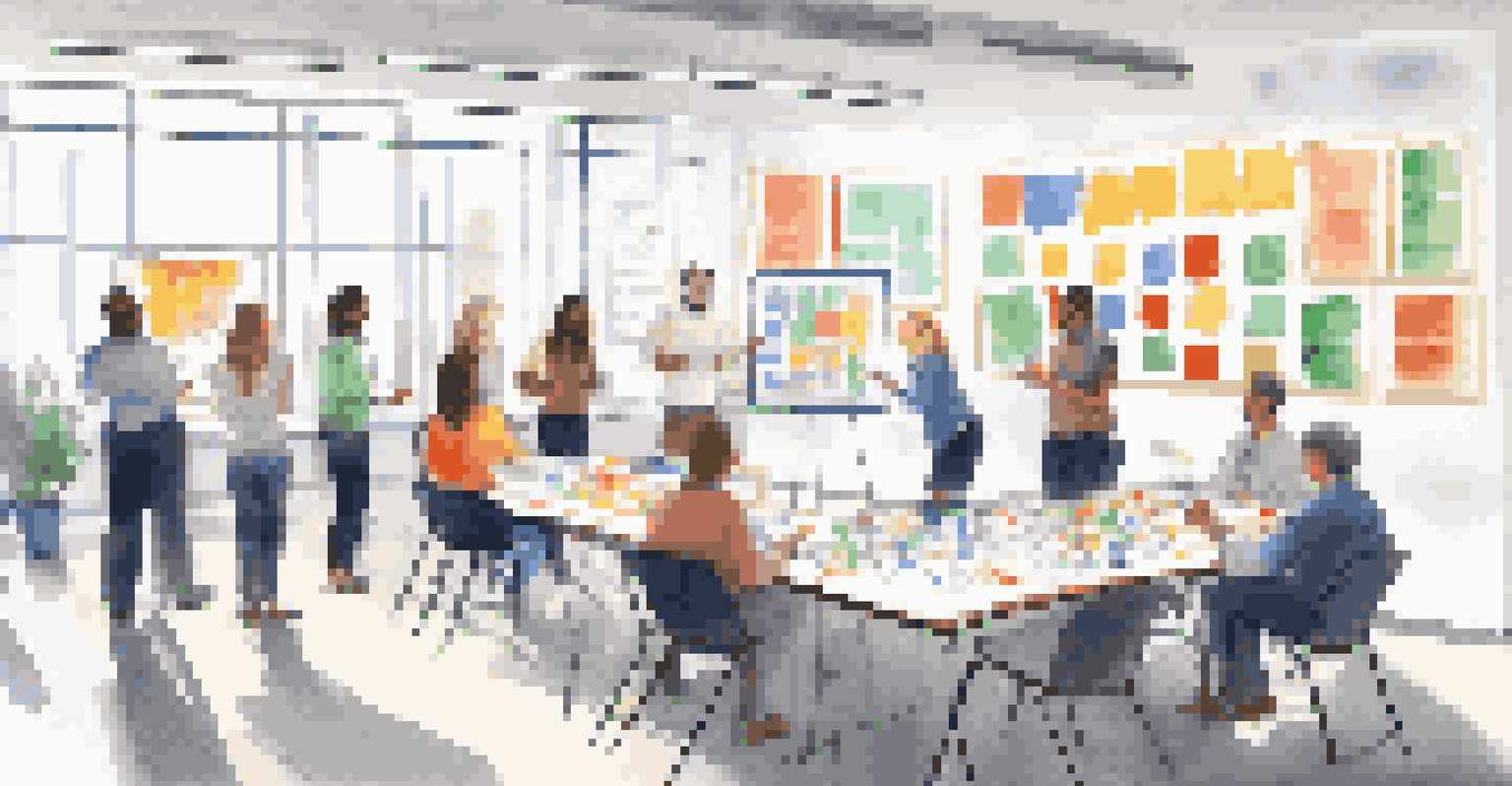 Employees actively participating in a communication skills training workshop, surrounded by charts and training materials in a bright room.