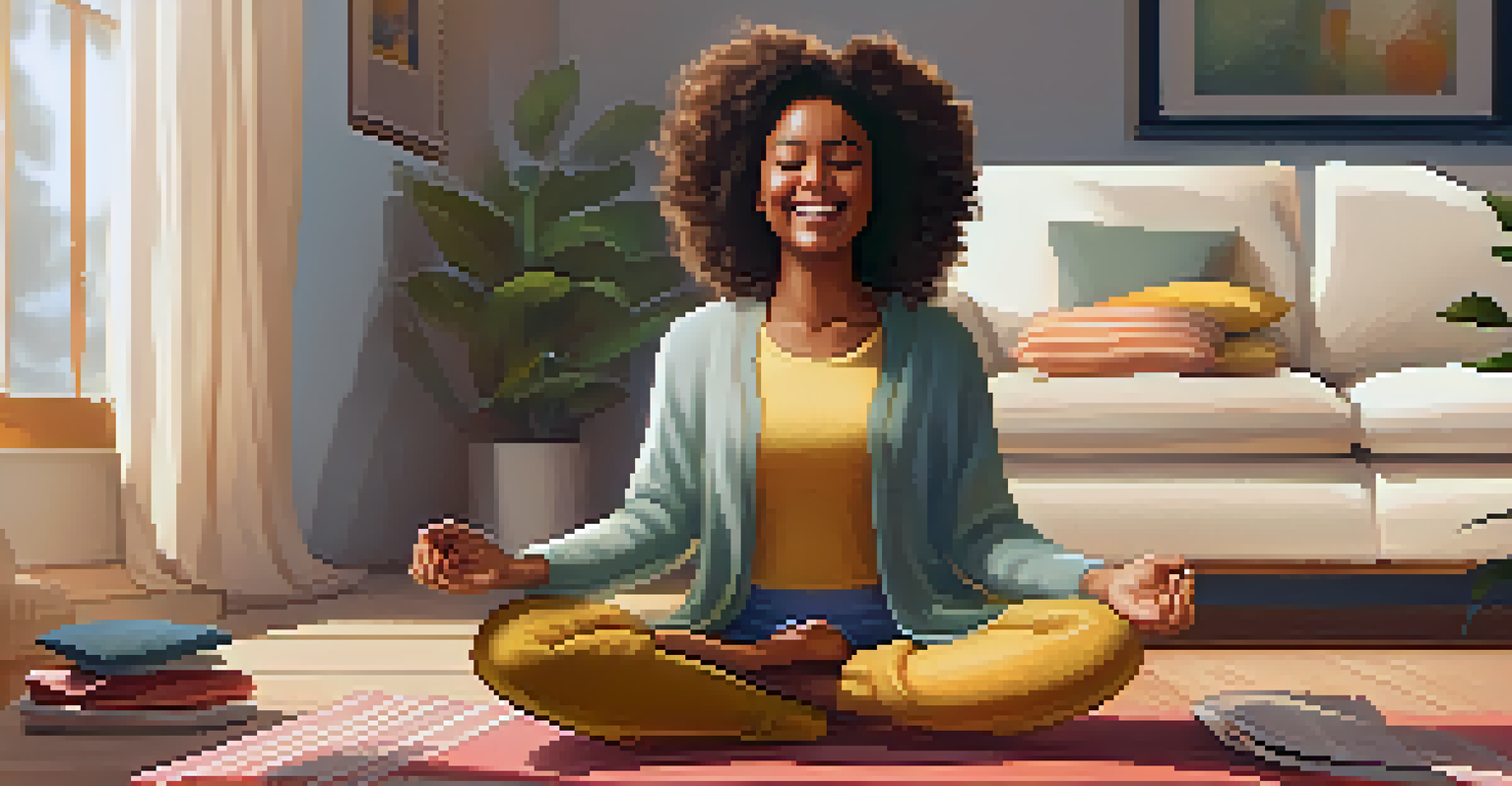 A person practicing laughter yoga at home, smiling while sitting cross-legged on a yoga mat in a cozy living room.