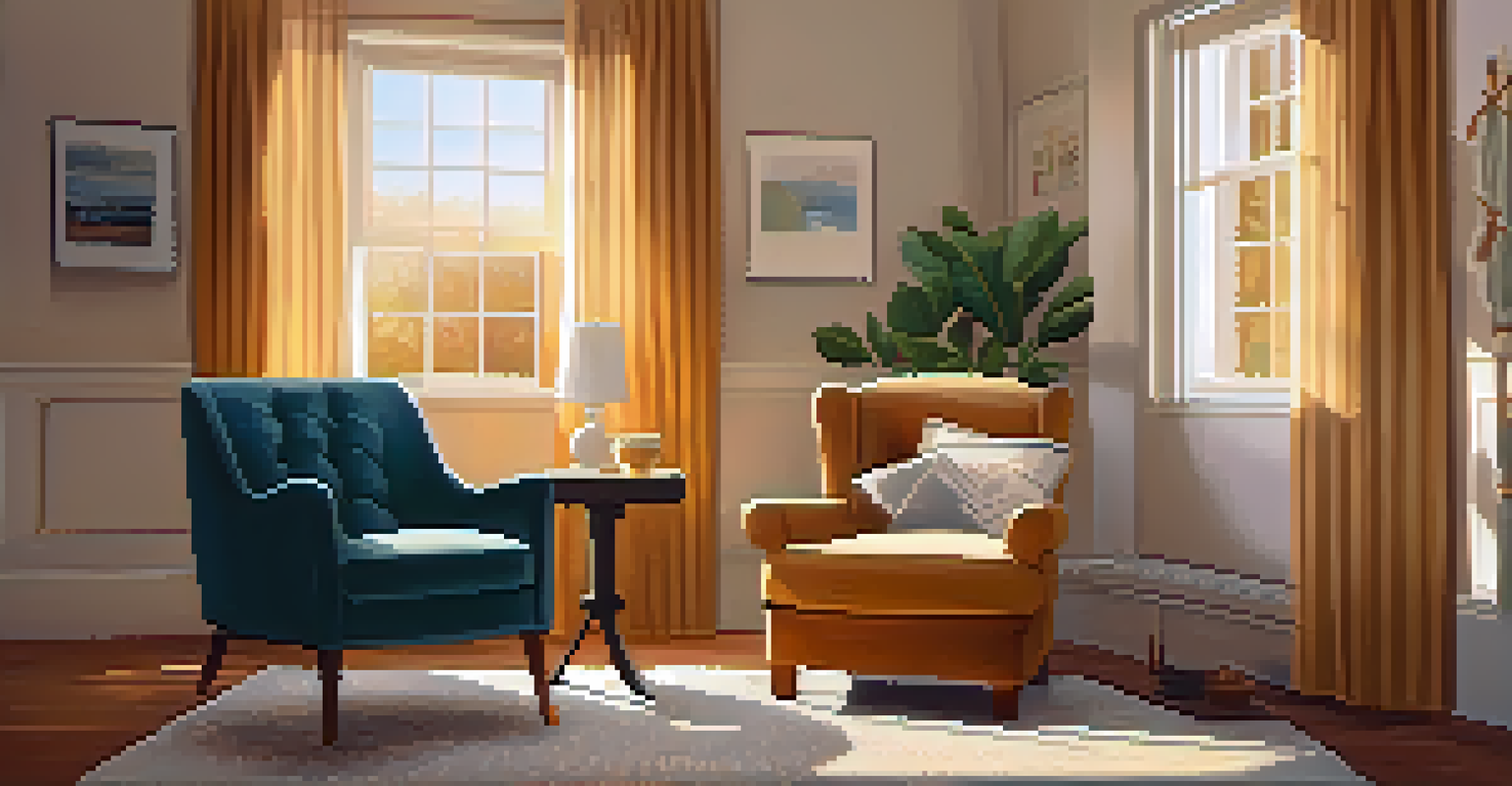 A cozy living room with a plush armchair, warm lighting, and books on mental health.