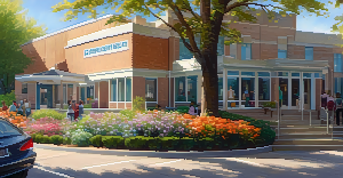 A welcoming community mental health center with flowers and trees, showcasing diverse individuals interacting and participating in support groups.