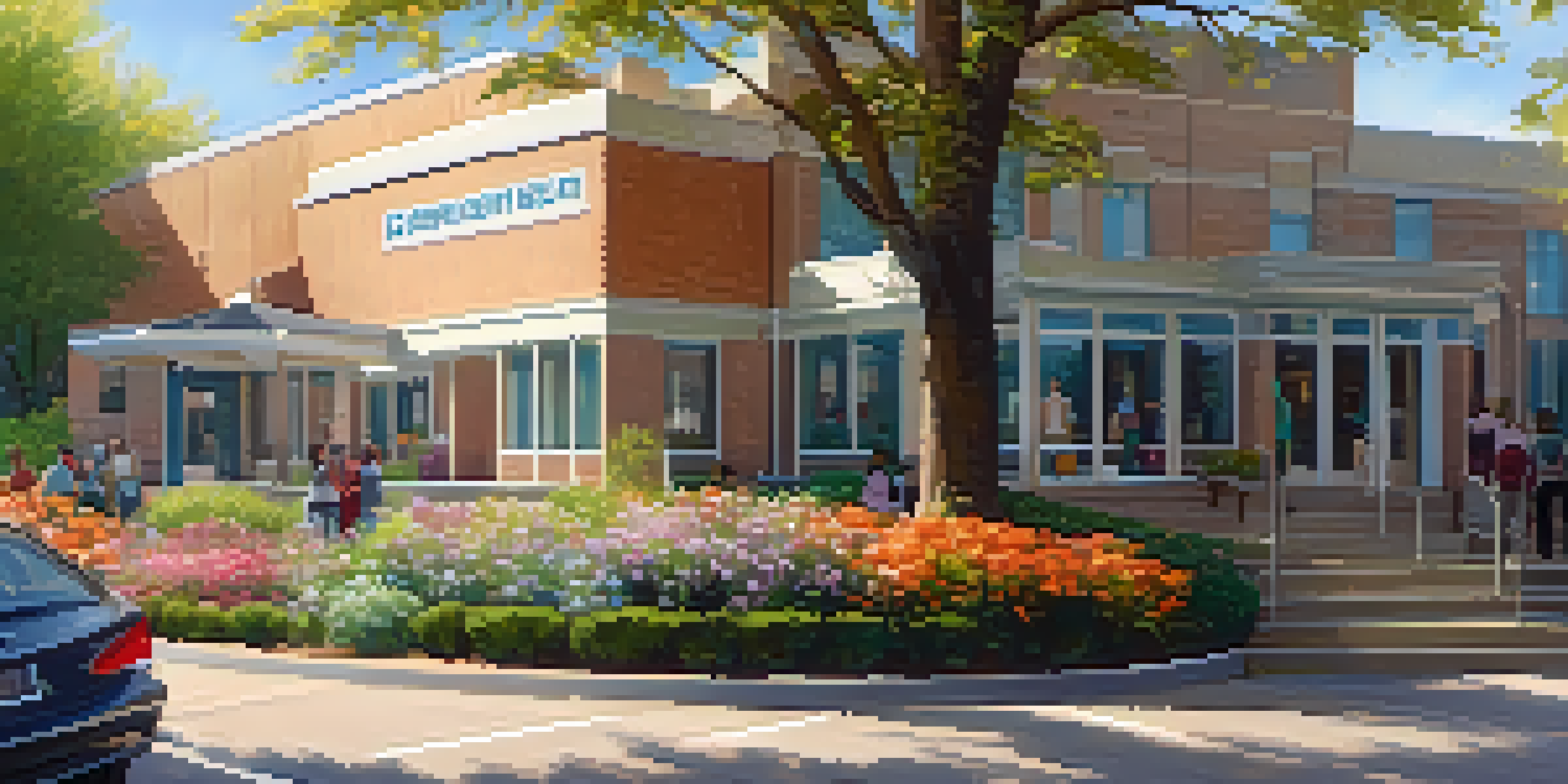 A welcoming community mental health center with flowers and trees, showcasing diverse individuals interacting and participating in support groups.