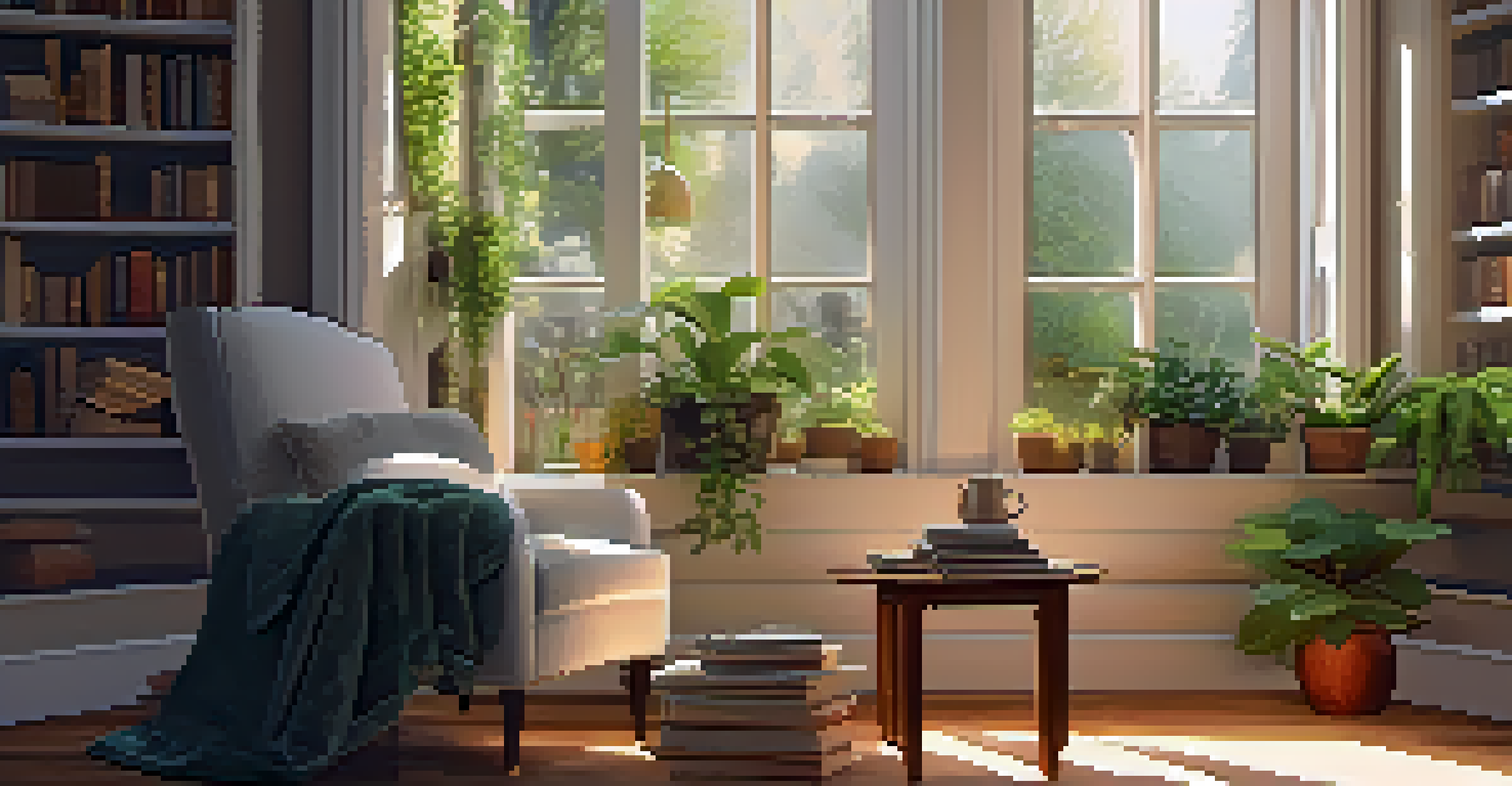 A cozy reading nook with a plush chair, a cup of tea, and sunlight streaming through a window, creating a warm and inviting atmosphere.