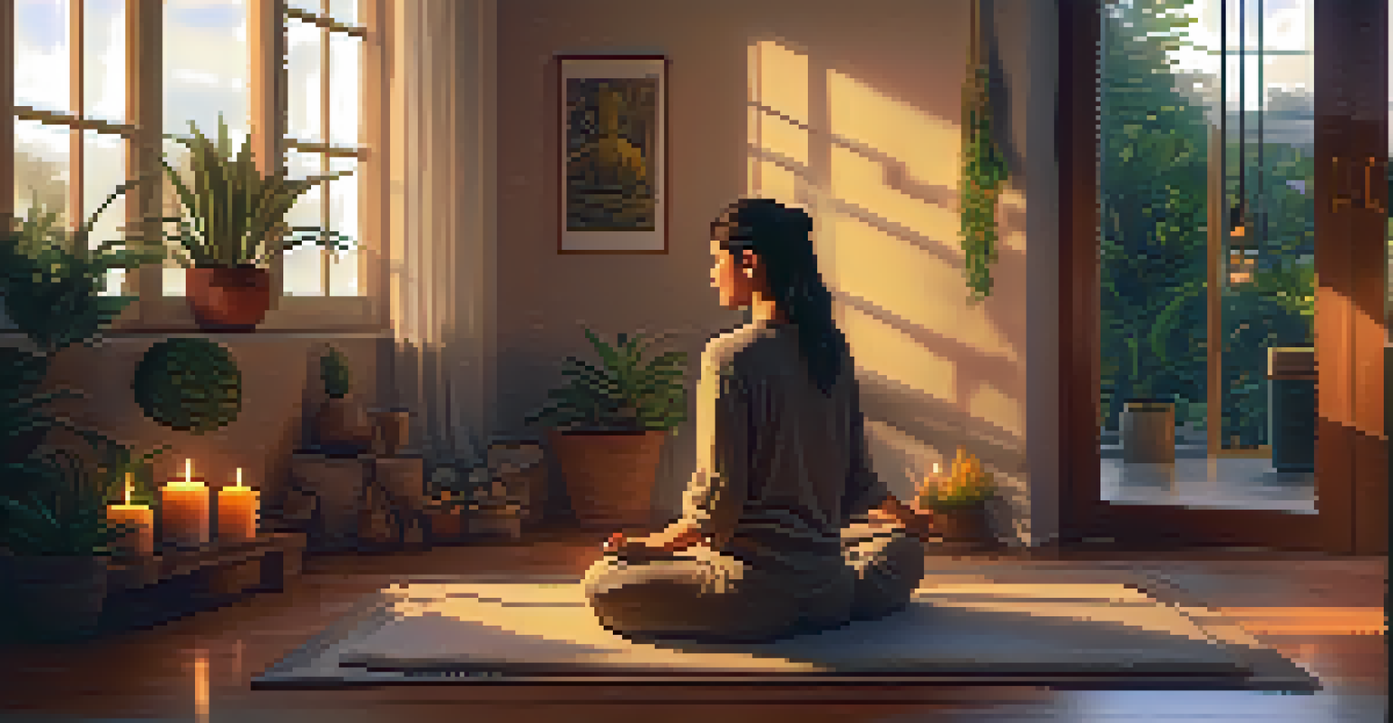 A person meditating in a cozy room filled with candles and plants, illuminated by warm golden light from a window.