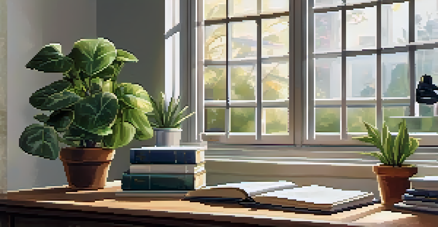 A workspace with a journal, pen, and a motivational quote on the wall, with sunlight filtering through a window.