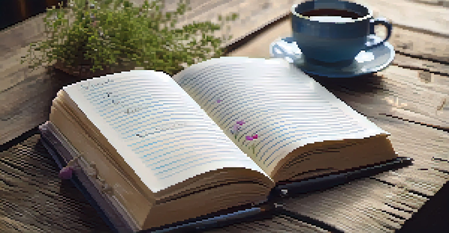 A close-up of a gratitude journal with handwritten notes, a cup of tea, and flowers on a wooden table.