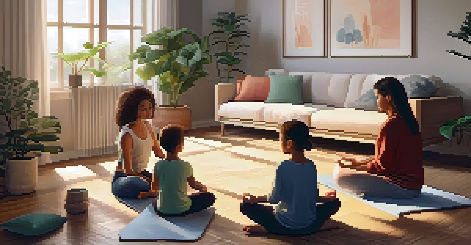 A family practicing mindfulness together in a cozy, candlelit living room.
