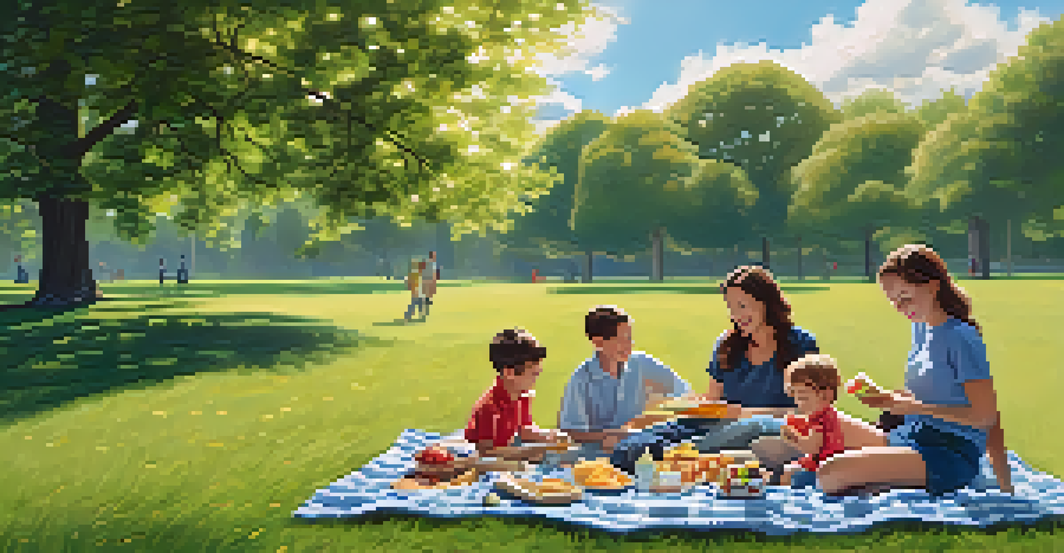 A family having a picnic in a sunny park, surrounded by greenery and enjoying snacks together.