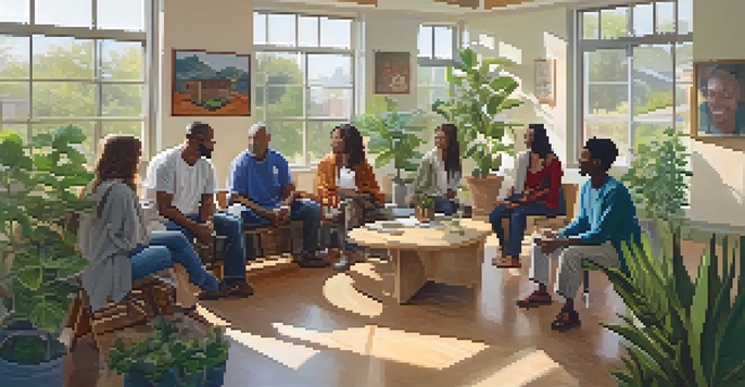 A diverse group of individuals sitting in a circle in a bright community health center, engaging in supportive discussions.