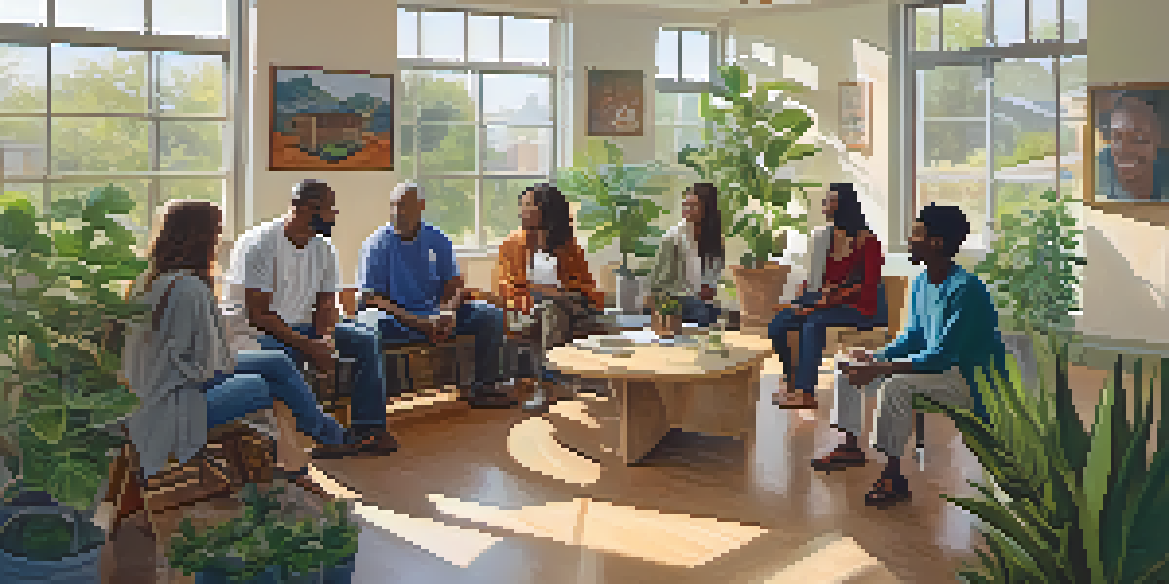 A diverse group of individuals sitting in a circle in a bright community health center, engaging in supportive discussions.