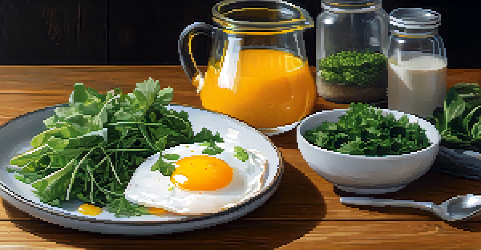 A healthy meal with fatty fish, egg yolks, and leafy greens on a wooden table.