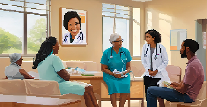 A diverse group of healthcare professionals talking to a family in a bright clinic, emphasizing inclusivity and trust.